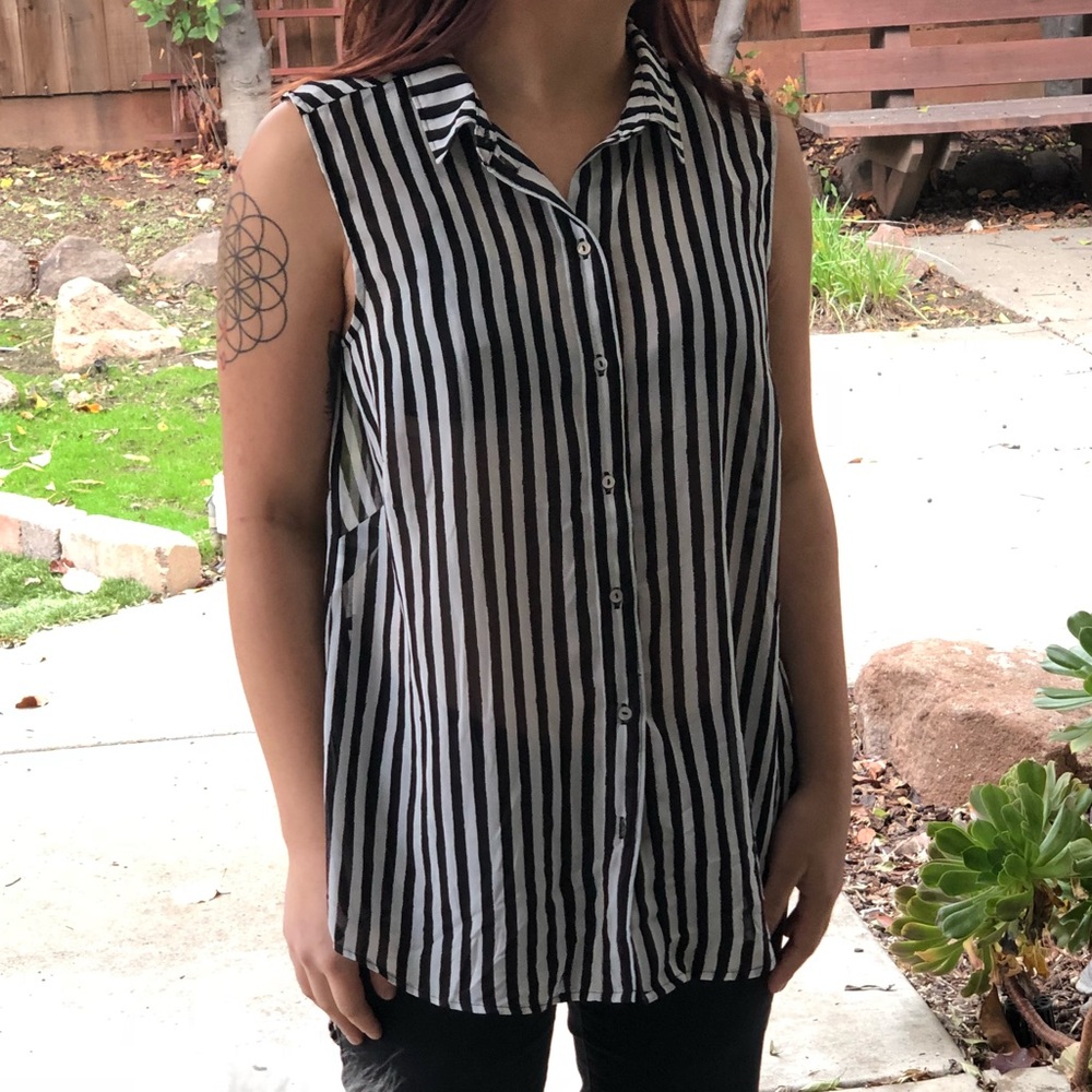 H&M Black and White Striped Sheer Button Tank Top